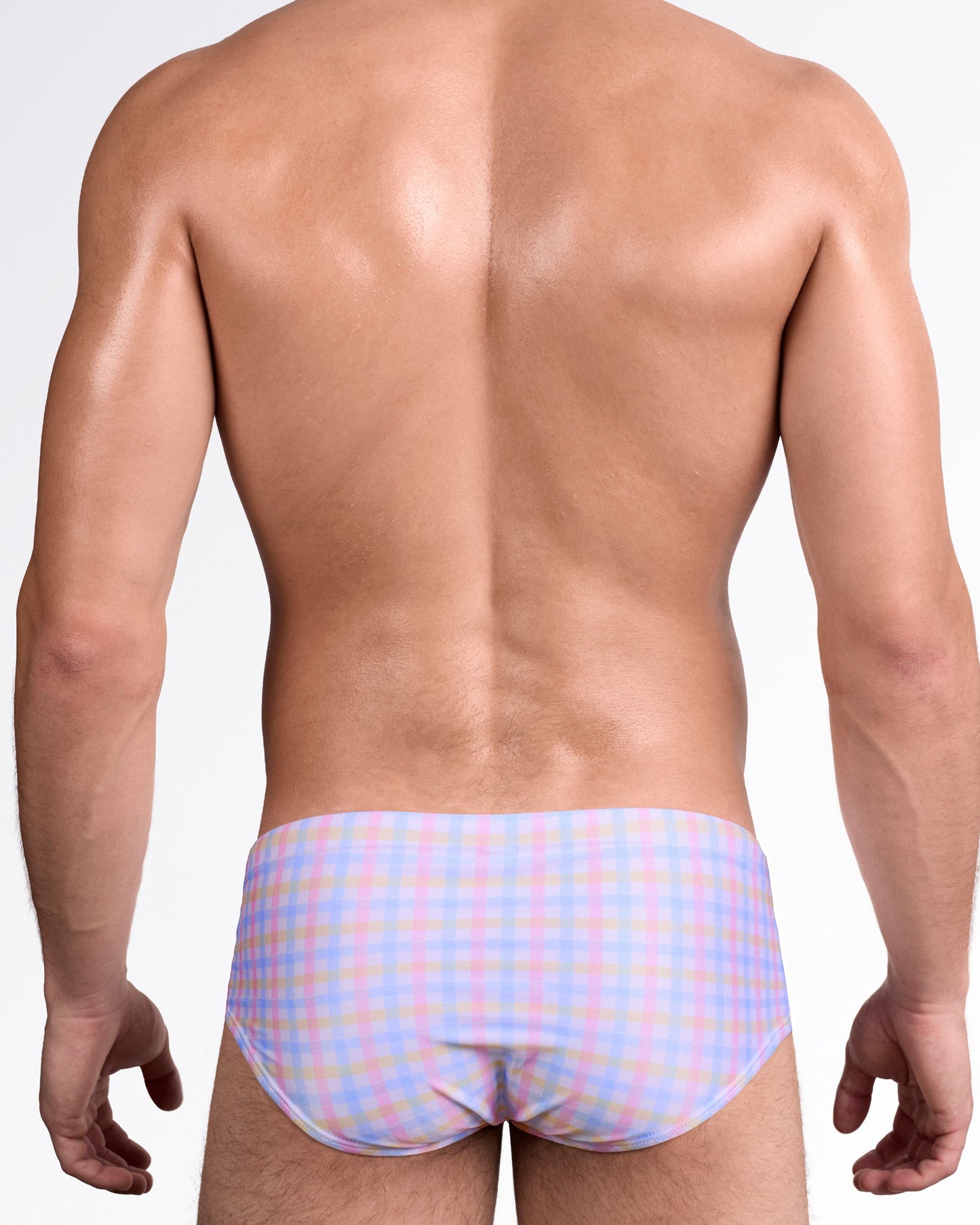 DC2 Ocean Drive Check Swim Sunga — back view showing full rear coverage with continuous pastel check pattern across the back panel.