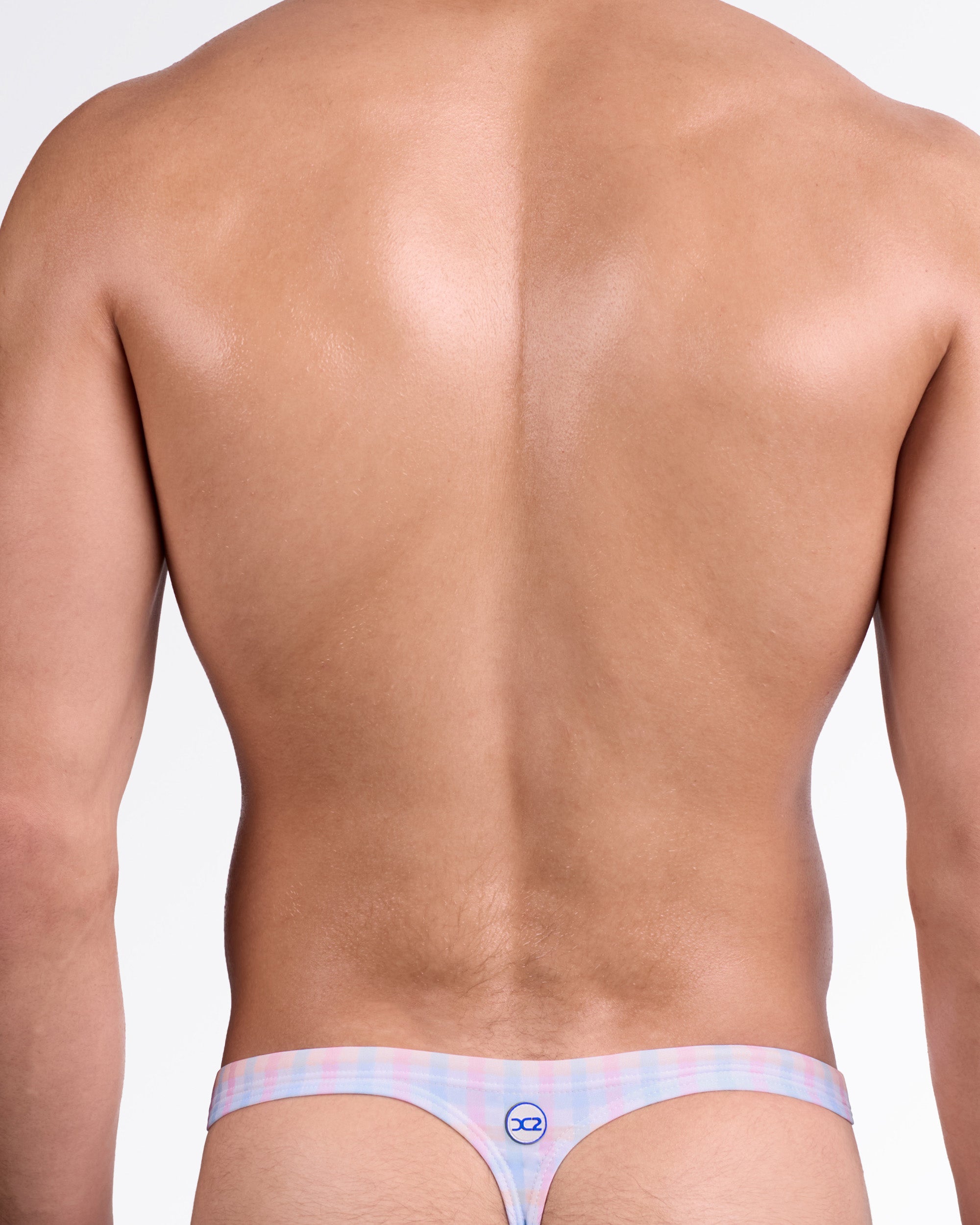 DC2 Ocean Drive Check Swim Thong — back view showing minimal thong cut, slim waistband, and subtle DC2 logo detail at center back.