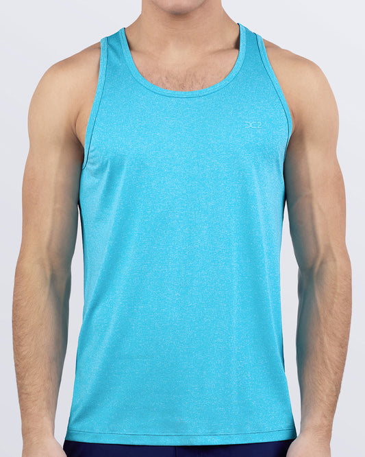 DC2 Miami Olympic Blue Tank Top — model wearing fitted tank in Olympic blue, soft stretch fabric with scoop neckline and minimal chest logo.
