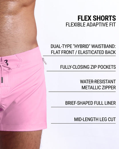 DC2’s Flex Shorts feature a dual-type “hybrid” waistband, fully-closing zip pockets, water-resistant metallic zipper, full liner, and mid-length leg cut for an adaptive, flexible fit.