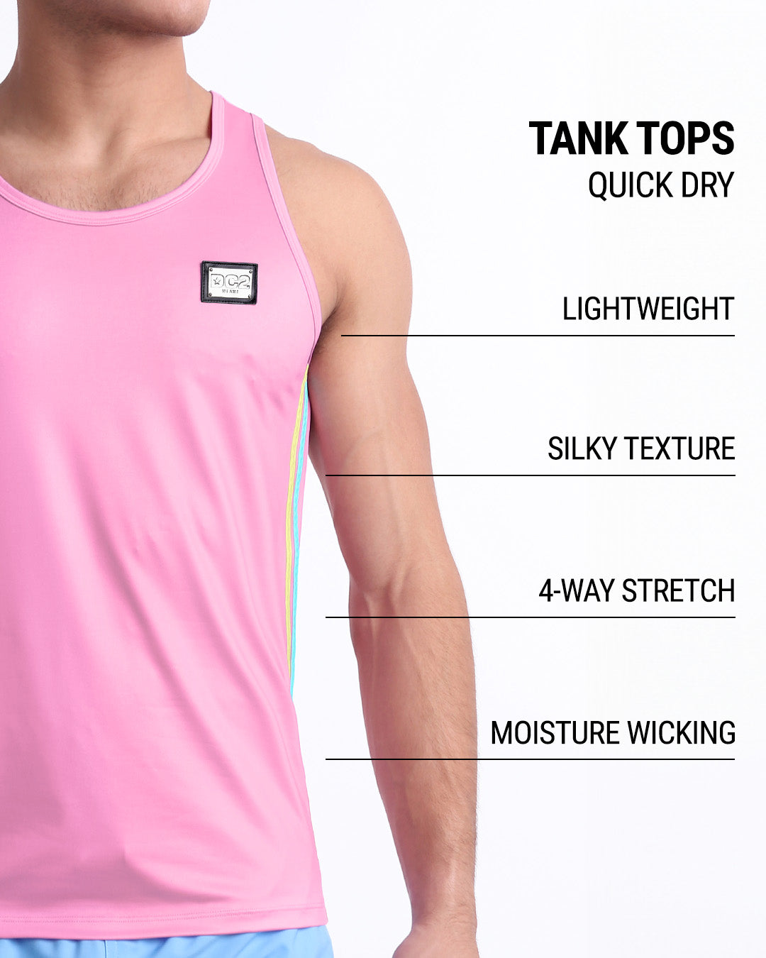 An infographic explaining the features of the lightweight, silky texture, 4-way stretch, and moisture-wicking material of the DC2 fitness tank top.