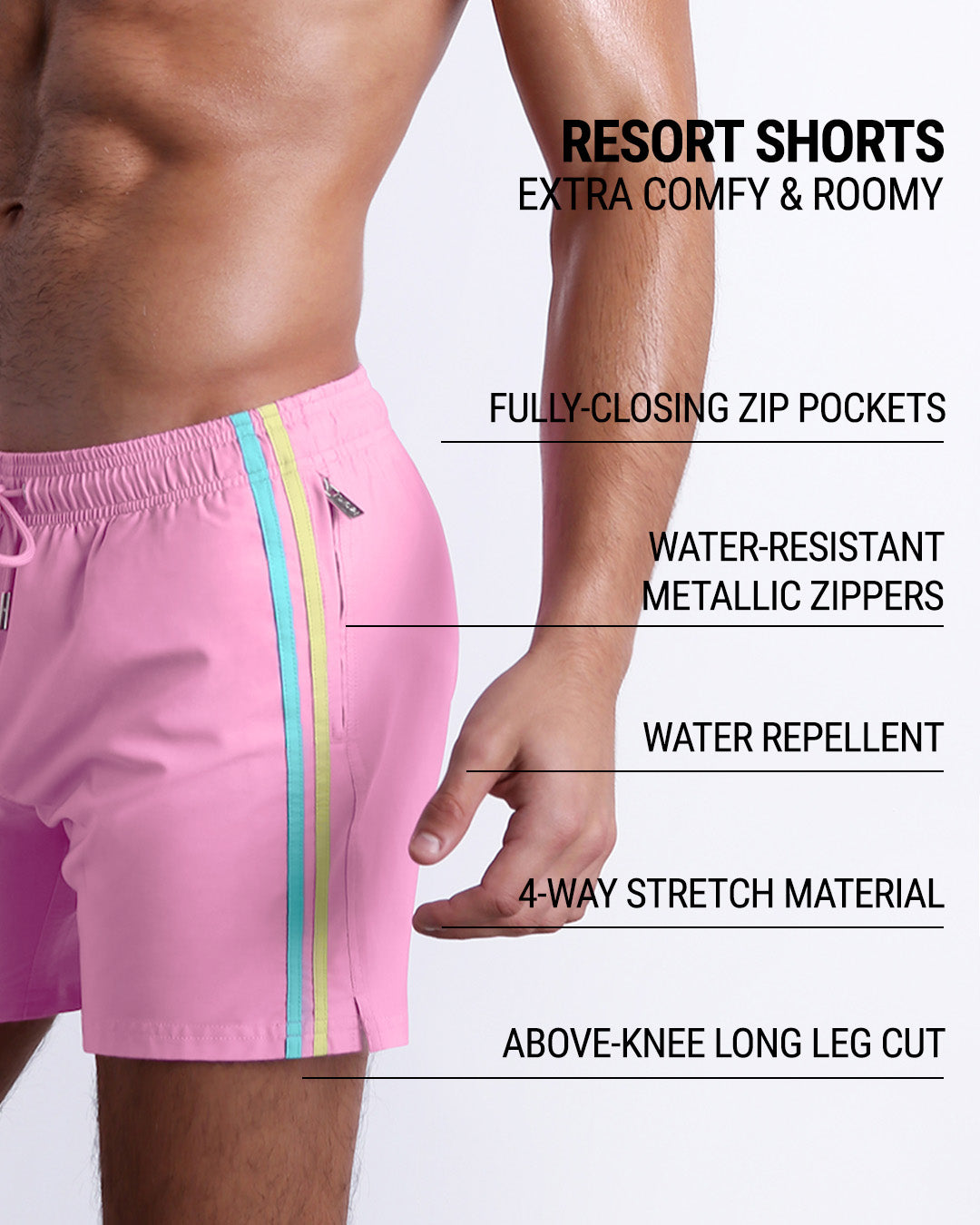 DC2’s Resort Shorts are designed to be comfortable and roomy, with fully-closing zip pockets and water-resistant metal zippers. They have 4-way stretch, water-repellent material, and are cut above the knee.