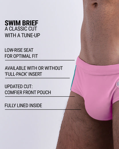 Infographic explaining the classic cut with a tune-up PADAM PINK Swim Brief by DC2. These men swimsuit is low-rise seat for optimal fit, available with or without 'Full-Pack' insert, comfier front pouch, and fully lined inside.