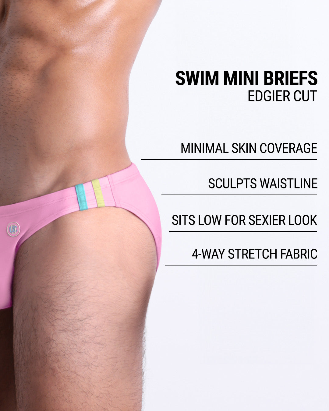 Infographic explaining the edgier cut of the Swim Mini Briefs. Features sculpt waitline, 4-way stretch fabric, sits low for sexier look, and has quick-dry material.