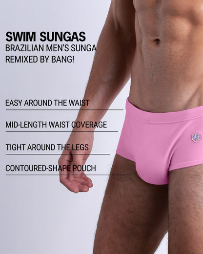 Infographic explaining the Brazilian Men's Swim Sunga remixed by BANG! These Swim Sunga are easy around the waist, are mid-length waist coverage, are tight aroung the legs, and have contoured-shape pouch.