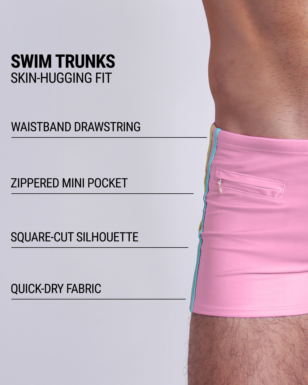 Infographic explaining the Swim Trunks swimming shorts by DC2. These Swim Trunks have a skin-hugging fit, have separate waistband construction, zippered mini pocket, square-cut form-fitting silhouette and quick-dry fabric.