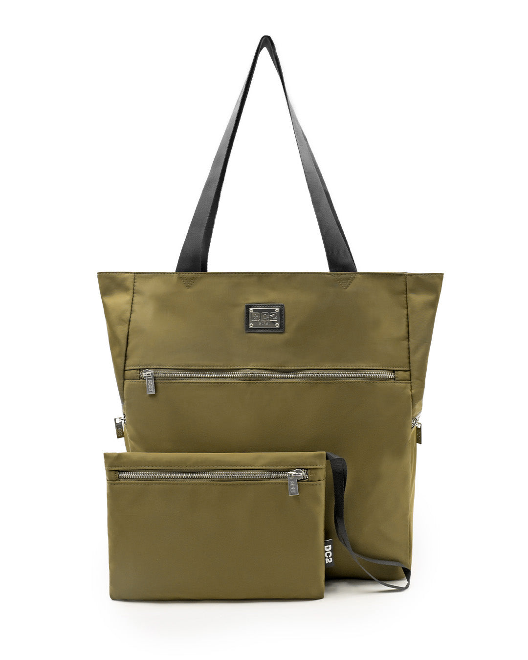 Front view of the PALM GREEN Poolside Tote Bag by DC2 Miami, featuring a sleek solid light olive green. The tote is spacious with durable black handles and multiple zippered compartments, including a detachable pouch with a matching color. Made from high-quality, water-resistant material, this versatile tote bag is perfect for beach outings or casual everyday use.