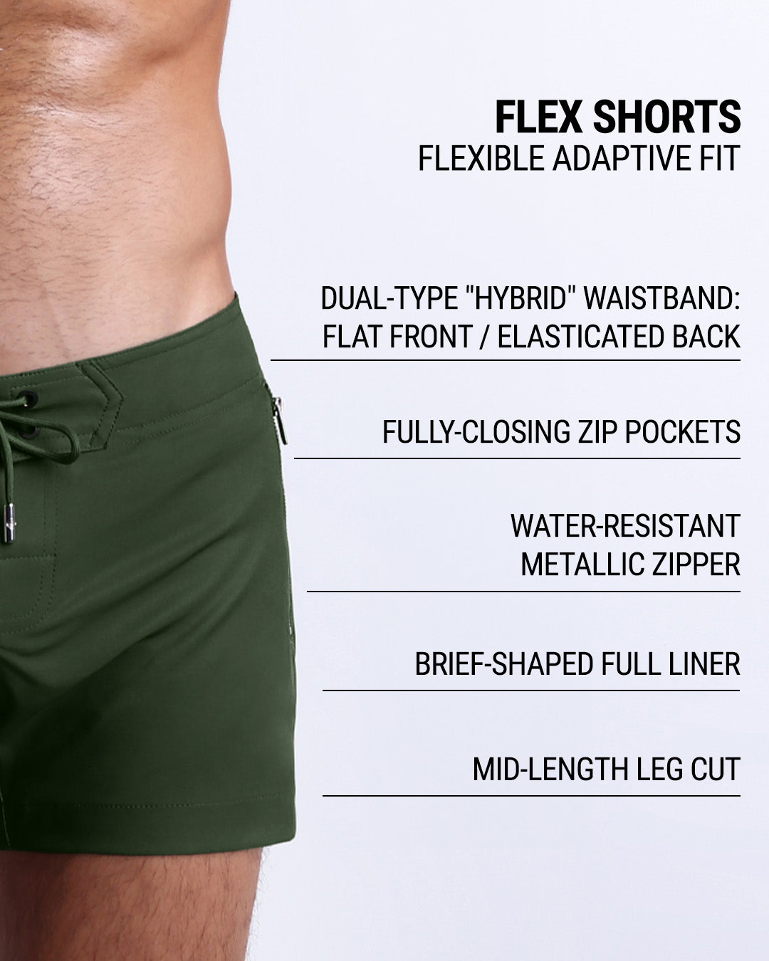 DC2’s Flex Shorts feature a dual-type “hybrid” waistband, fully-closing zip pockets, water-resistant metallic zipper, full liner, and mid-length leg cut for an adaptive, flexible fit.