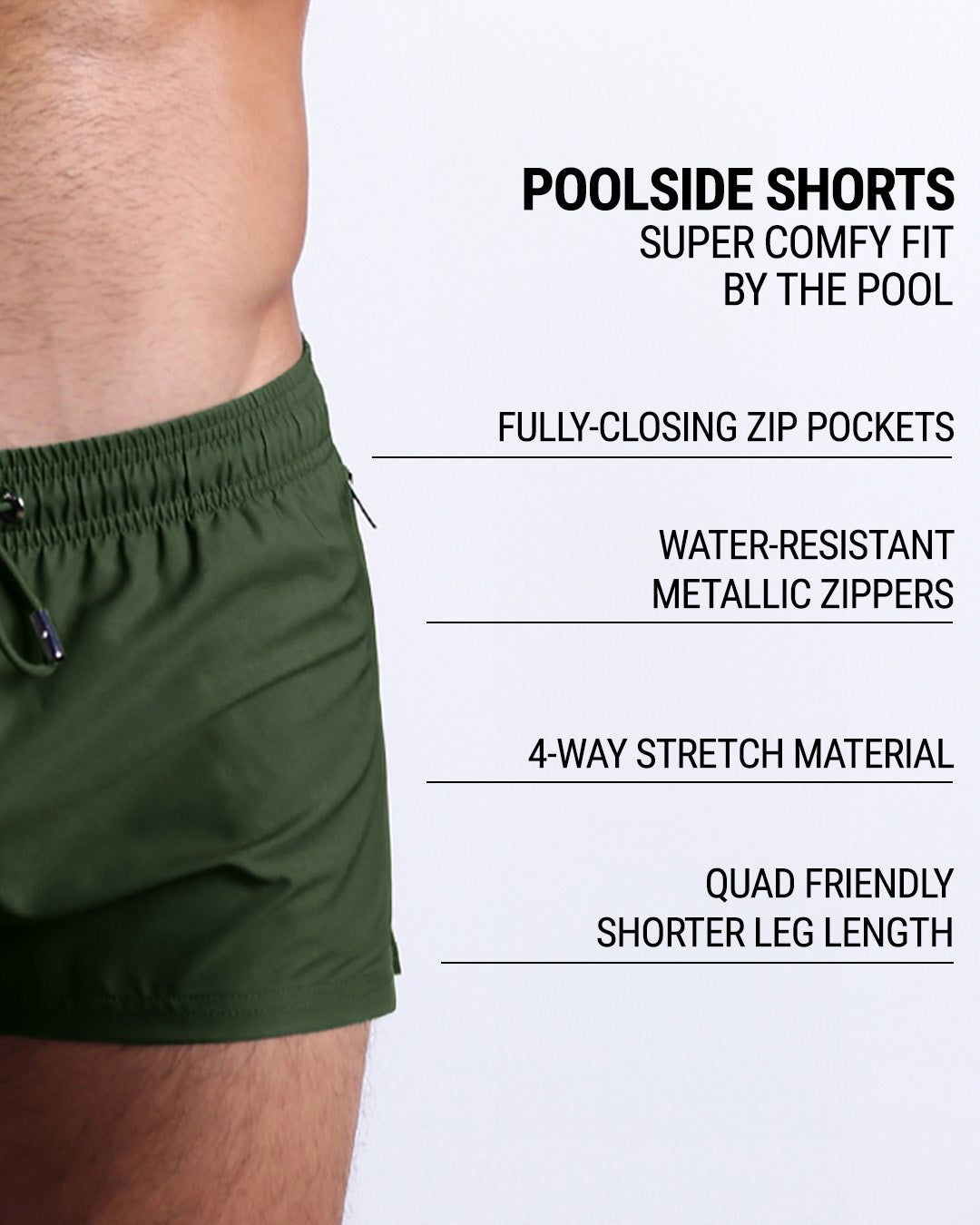 DC2's Poolside Shorts are designed to be incredibly comfortable while lounging by the pool. They come equipped with fully-closing zip pockets and water-resistant metal zippers. Additionally, their 4-way stretch material ensures a perfect fit, while their shorter leg length design makes them quad-friendly