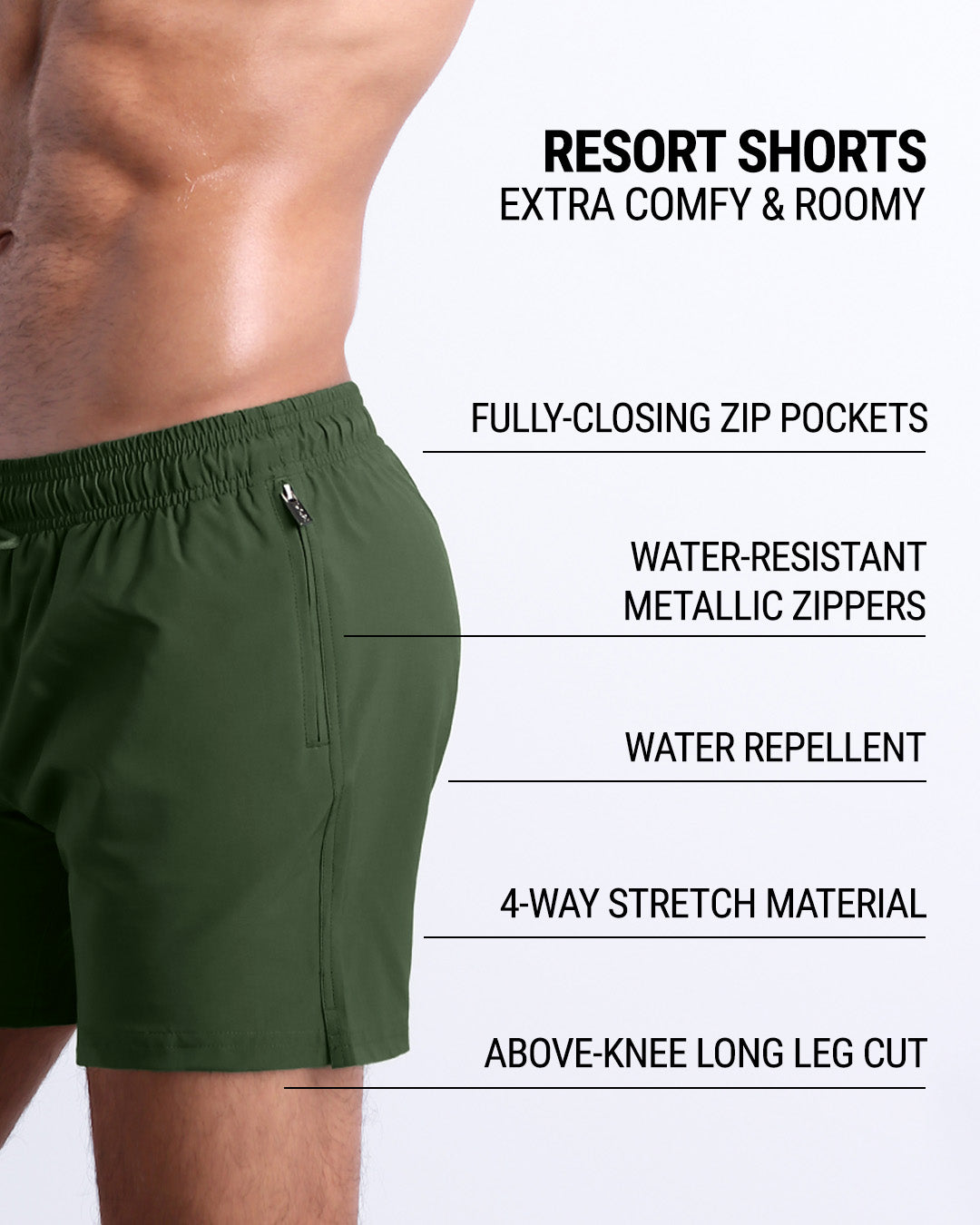 DC2’s Resort Shorts are designed to be comfortable and roomy, with fully-closing zip pockets and water-resistant metal zippers. They have 4-way stretch, water-repellent material, and are cut above the knee.