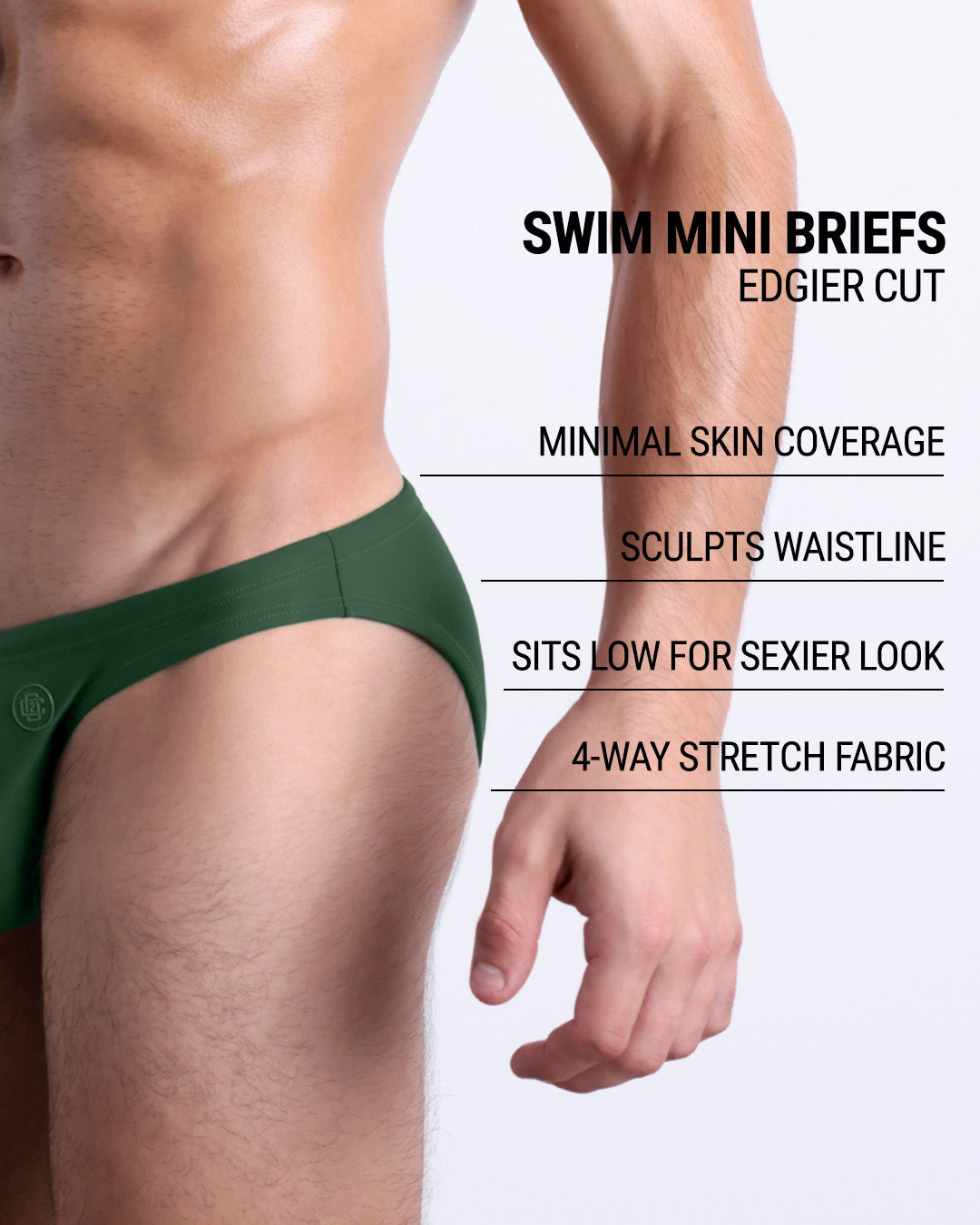 Infographic explaining the edgier cut of the Swim Mini Briefs. Features sculpt waitline, 4-way stretch fabric, sits low for sexier look, and has quick-dry material.