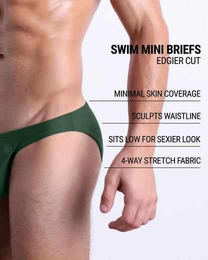 Infographic explaining the edgier cut of the Swim Mini Briefs. Features sculpt waitline, 4-way stretch fabric, sits low for sexier look, and has quick-dry material.