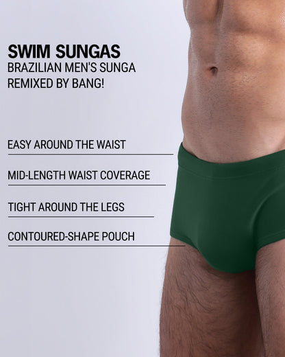 Infographic explaining the Brazilian Men's Swim Sunga remixed by DC2. These Swim Sunga are easy around the waist, are mid-length waist coverage, are tight aroung the legs, and have contoured-shape pouch.