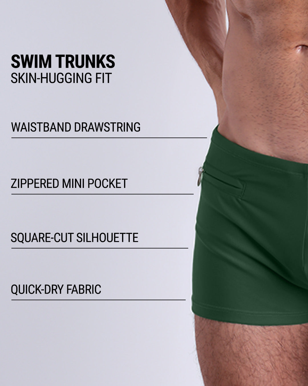 Infographic explaining the Swim Trunks swimming shorts by DC2. These Swim Trunks have a skin-hugging fit, have a waistband drawstring, zippered mini pocket, square-cut silhouette and quick-dry fabric.