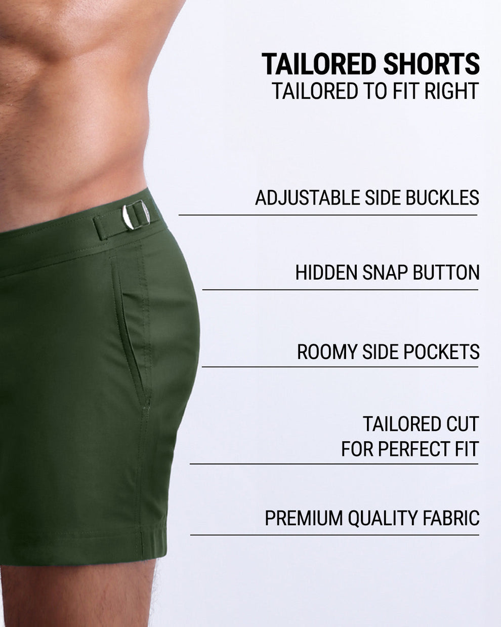 DC2’s Tailored Shorts are designed to fit every body form. They are equipped with adjustable side buckles, a hidden snap button, roomy side pockets, and made of premium quality fabric.