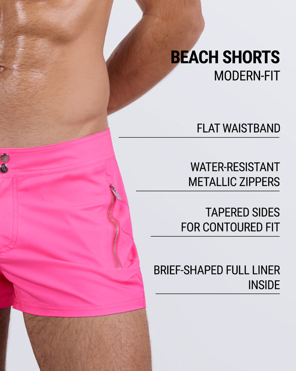 Close-up side view of a male model wearing the PINK BOMB Beach Shorts for men by DC2 Miami in a solid bright hot pink color. These modern-fit swim shorts feature a sleek flat waistband, water-resistant metallic zippers, and tapered sides for a contoured fit. Designed with a brief-shaped full liner for added support, these premium beach shorts blend style, comfort, and functionality for the ultimate swimwear experience.