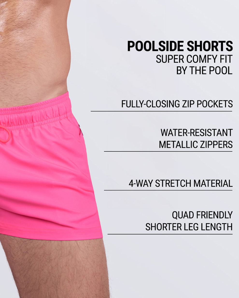 PINK BOMB poolside shorts highlighted with key features: zippered pockets, water-resistant metallic zippers, 4-way stretch material, and shorter leg fit.