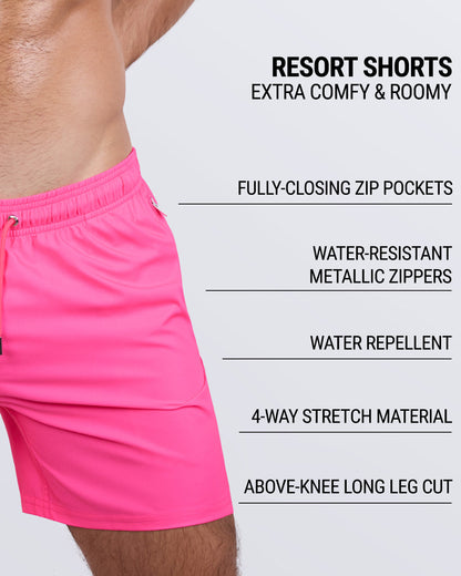 Infographic showing DC2 Miami Men's Resort Shorts in blue. Extra comfy and roomy beachwear with drawstring fastening, premium quality fabric, water-repellent, quick-dry material, 4-way stretch, fully-closing zip pockets, and water-resistant metallic zippers.