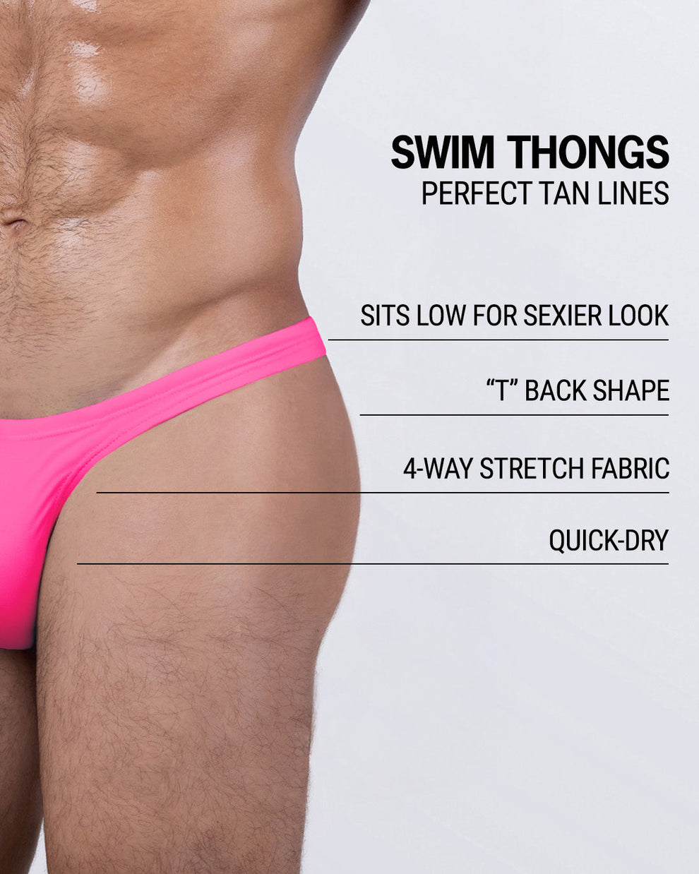 Close-up of PINK BOMB men's thong swimsuit by DC2 Miami highlighting features: quick-dry fabric, low-rise sexy fit, and perfect tan line design.