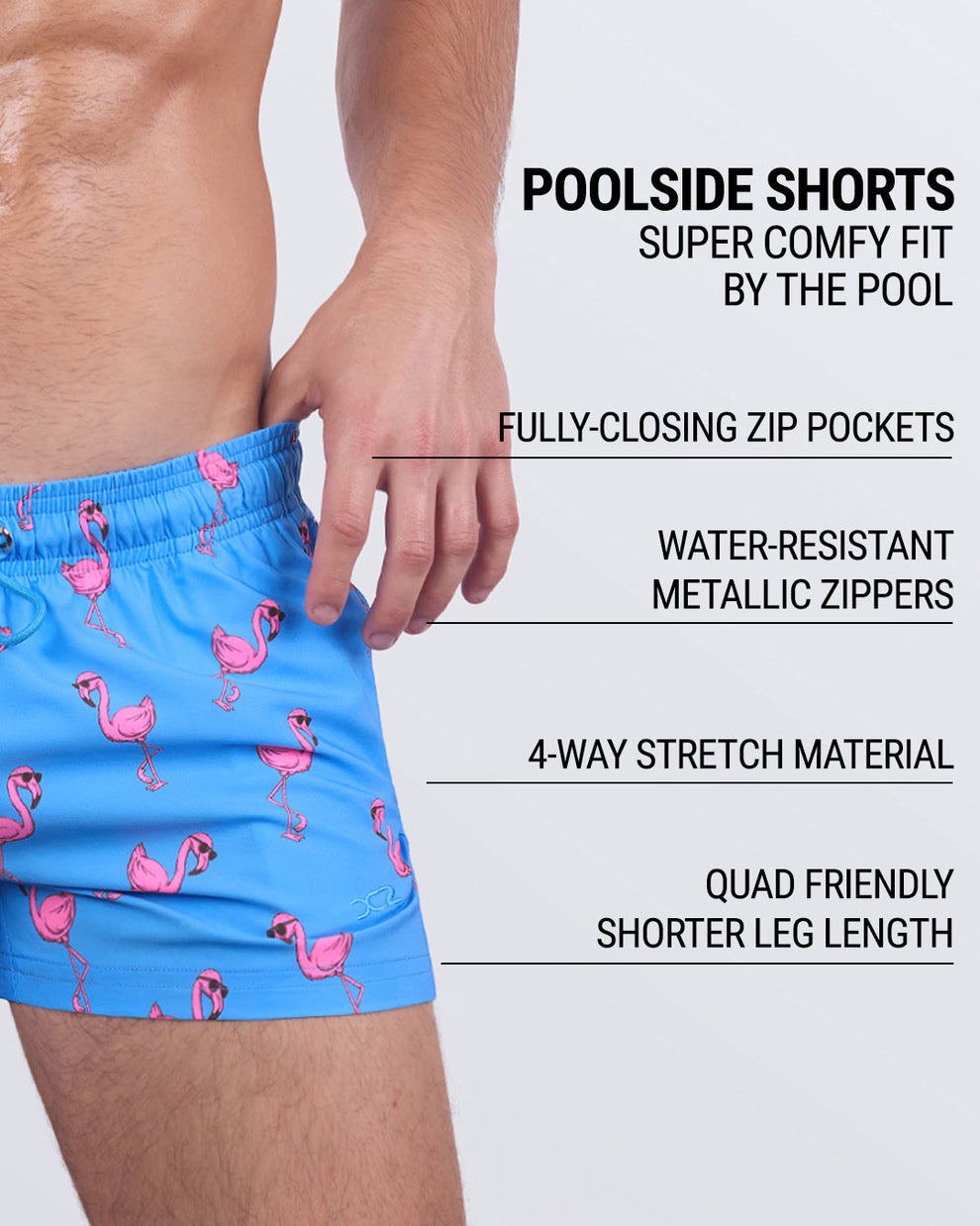 Infographic highlighting the Pink Flamingos Poolside Shorts with fully closing zip pockets, water-resistant metallic zippers, 4-way stretch fabric, and quad-friendly shorter leg length.