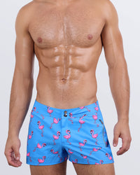 Frontal view of a masculine model wearing the PINK FLAMINGOS beach shorts for men by DC2 Miami, a premium swimwear brand. These modern-fit swimming shorts feature a vibrant sky-blue base with playful pink flamingo prints, offering a bold, tropical-inspired look perfect for beach days, poolside lounging, and summer adventures.