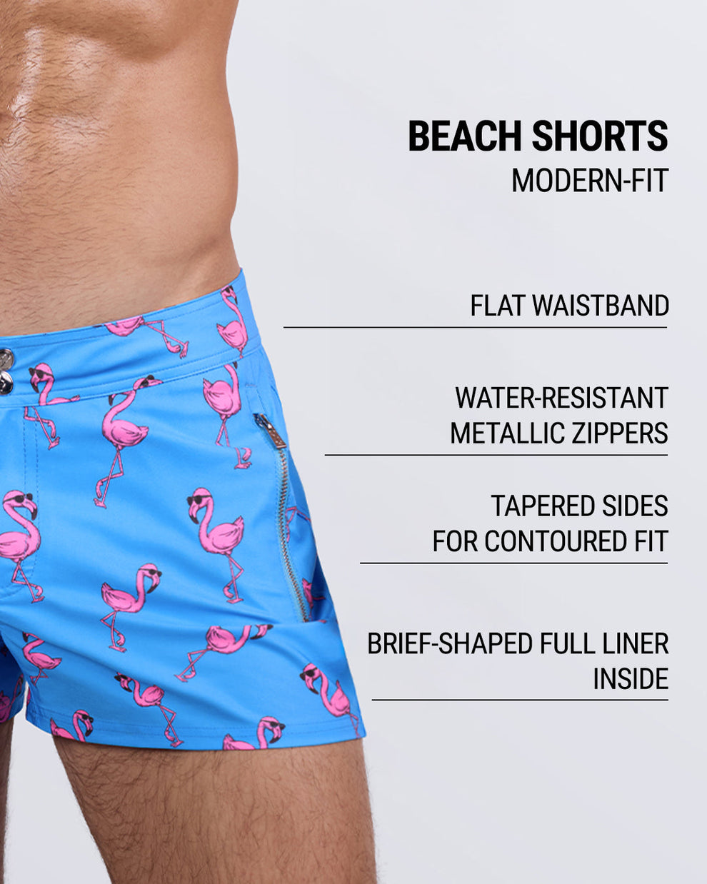 Detailed close-up of the PINK FLAMINGOS beach shorts by DC2 Miami, highlighting key features: modern-fit design, flat waistband, water-resistant metallic zippers, tapered sides for a contoured fit, and a brief-shaped full liner inside for added support and comfort.