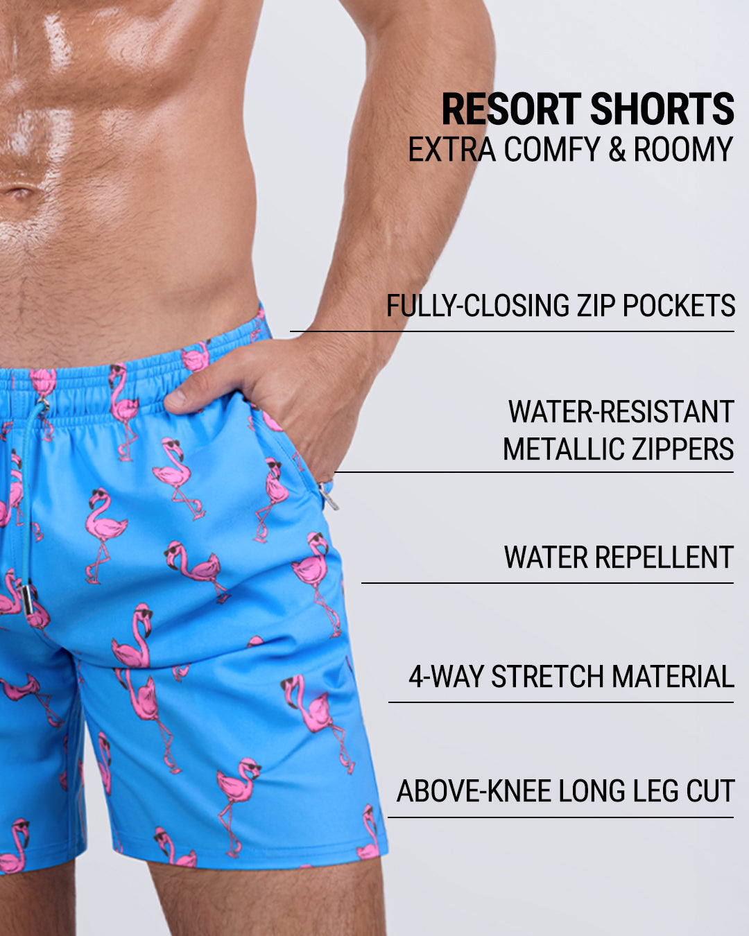 Detailed close-up of the PINK FLAMINGOS Resort Shorts by DC2 Miami, highlighting key features: roomy, above-the-knee leg cut, elastic waistband with an adjustable drawstring, fully-closing zip pockets, water-repellent fabric, metallic water-resistant zippers, and premium four-way stretch material.