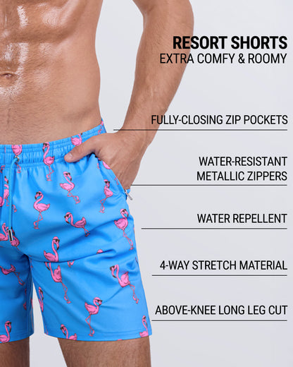 Detailed close-up of the PINK FLAMINGOS Resort Shorts by DC2 Miami, highlighting key features: roomy, above-the-knee leg cut, elastic waistband with an adjustable drawstring, fully-closing zip pockets, water-repellent fabric, metallic water-resistant zippers, and premium four-way stretch material.