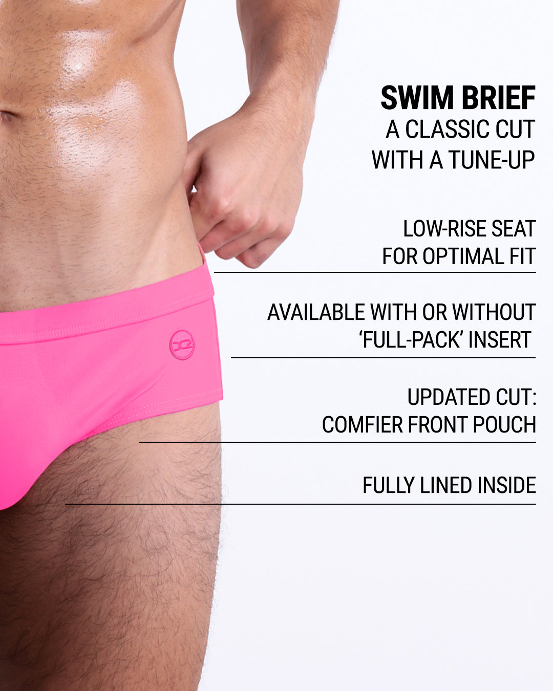 DC2 Pink Bomb Swim Brief — product graphic highlighting low-rise seat, comfy pouch, lining, and optional ‘Full-Pack’ insert.