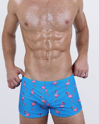 Front view of the PINK FLAMINGOS Swim Shorts by DC2 – electric blue base with playful pink flamingo print, designed for standout summer energy.