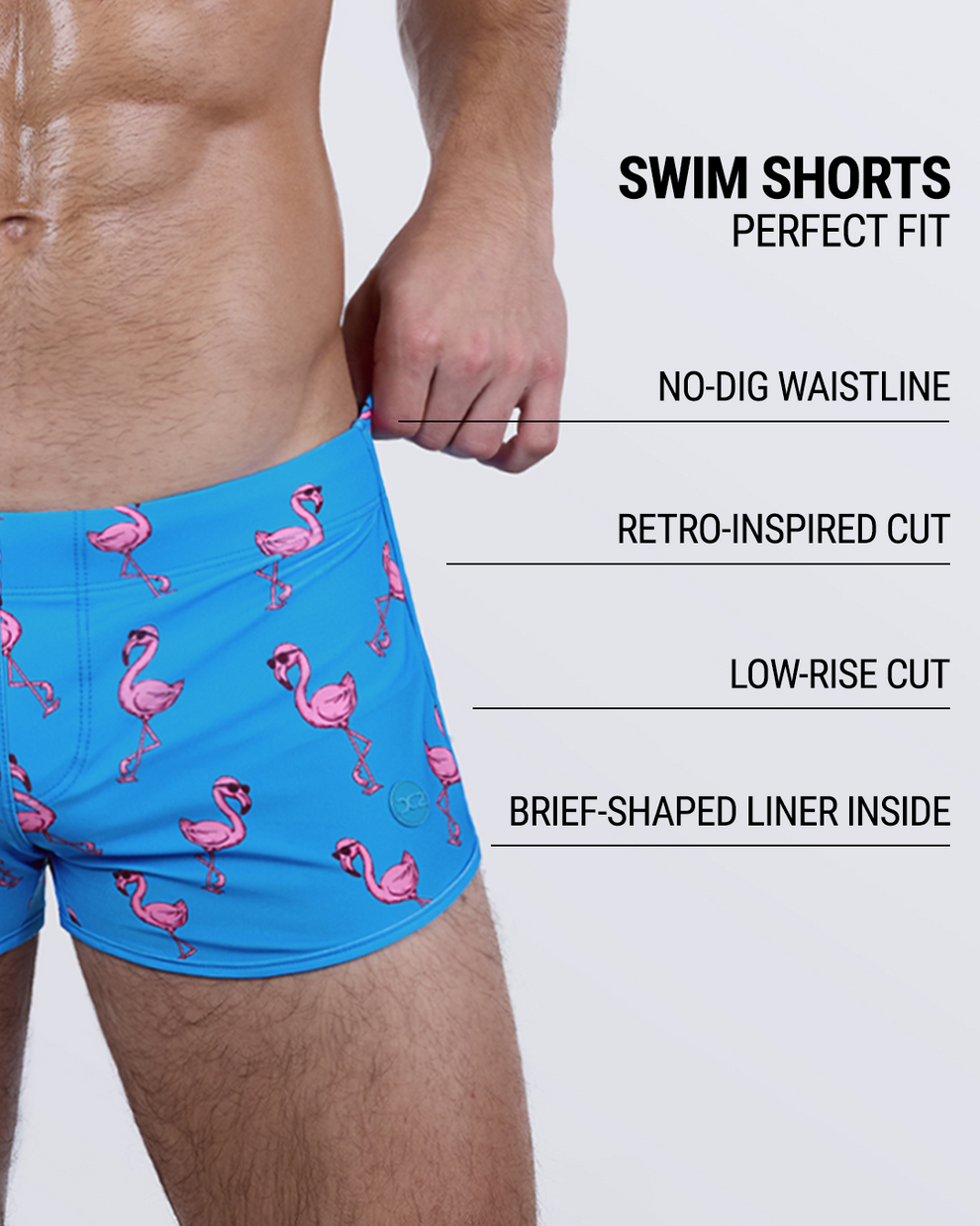Breakdown of the PINK FLAMINGOS Swim Shorts – featuring no-dig waistband, retro low-rise silhouette, and supportive brief-style lining.