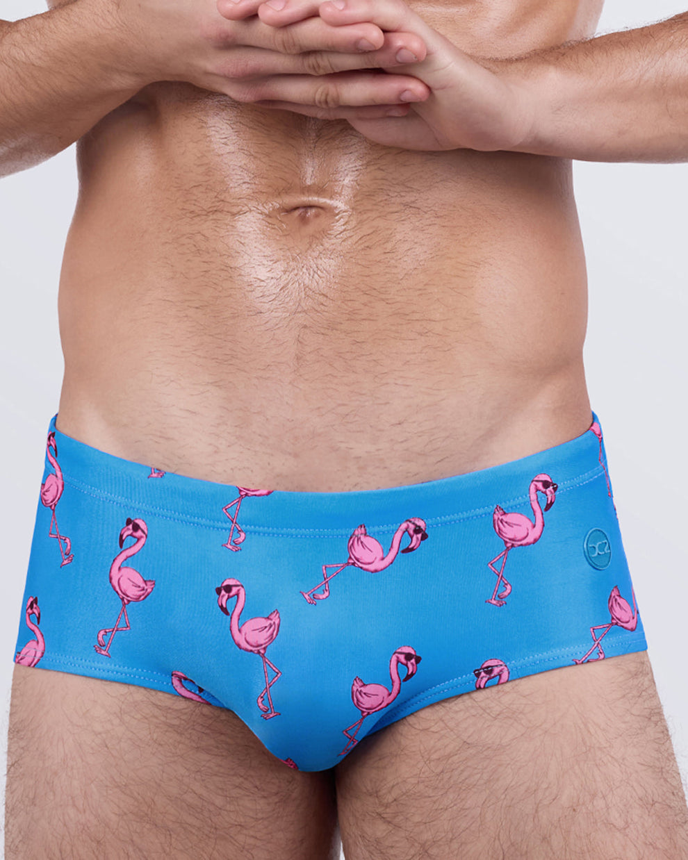 PINK FLAMINGOS men’s swim sunga showing seamless coverage and a fun all-over flamingo print on electric blue fabric.