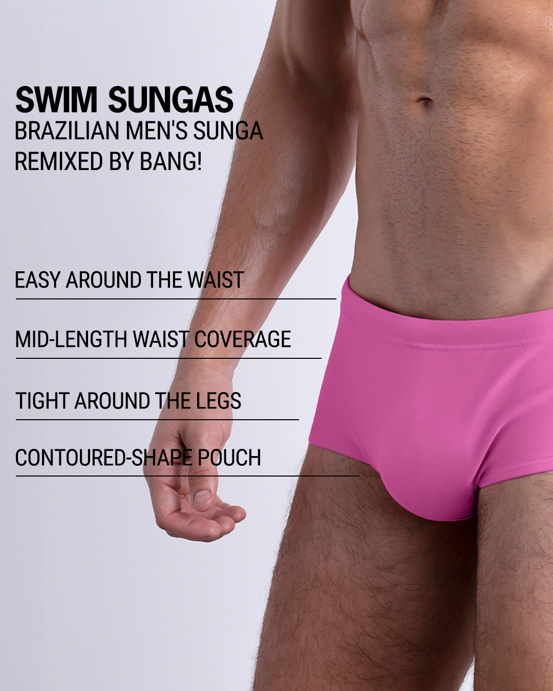 Infographic explaining the Brazilian Men's Swim Sunga remixed by BANG! These Swim Sunga are easy around the waist, are mid-length waist coverage, are tight aroung the legs, and have contoured-shape pouch.