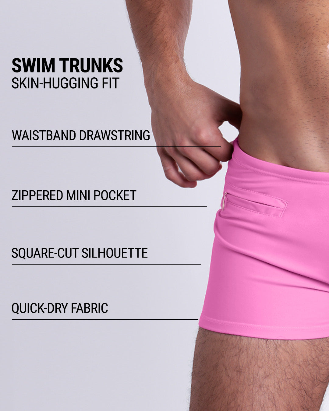 Infographic explaining the Swim Trunks swimming shorts by DC2. These Swim Trunks have a skin-hugging fit, have a waistband drawstring, zippered mini pocket, square-cut silhouette and quick-dry fabric.