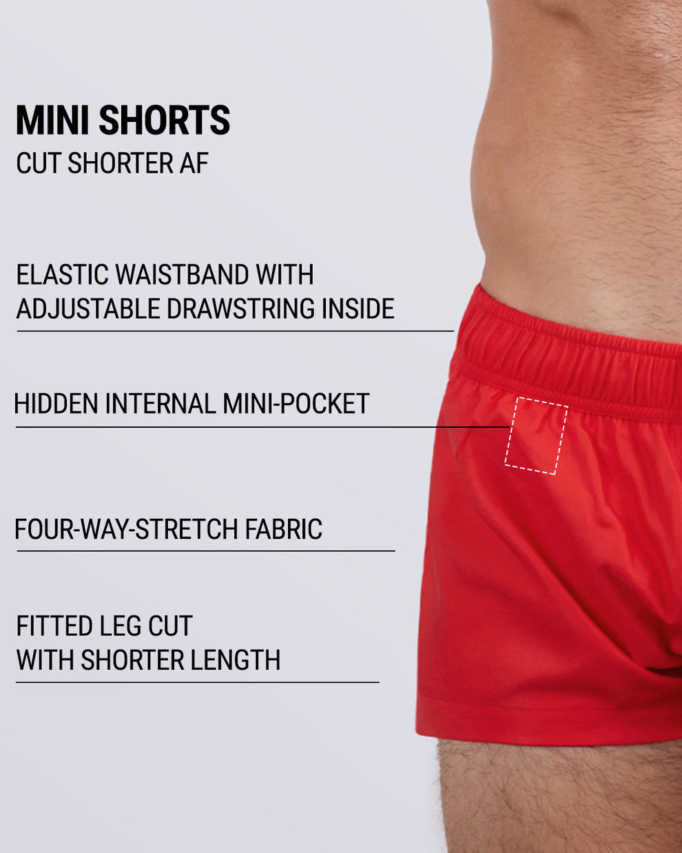 Detailed close-up of the PRIME RED Mini Shorts by DC2 Miami, highlighting key features: ultra-short fitted design, elastic waistband with an internal adjustable drawstring, hidden internal mini-pocket, four-way stretch fabric, and a sleek, contoured leg cut.