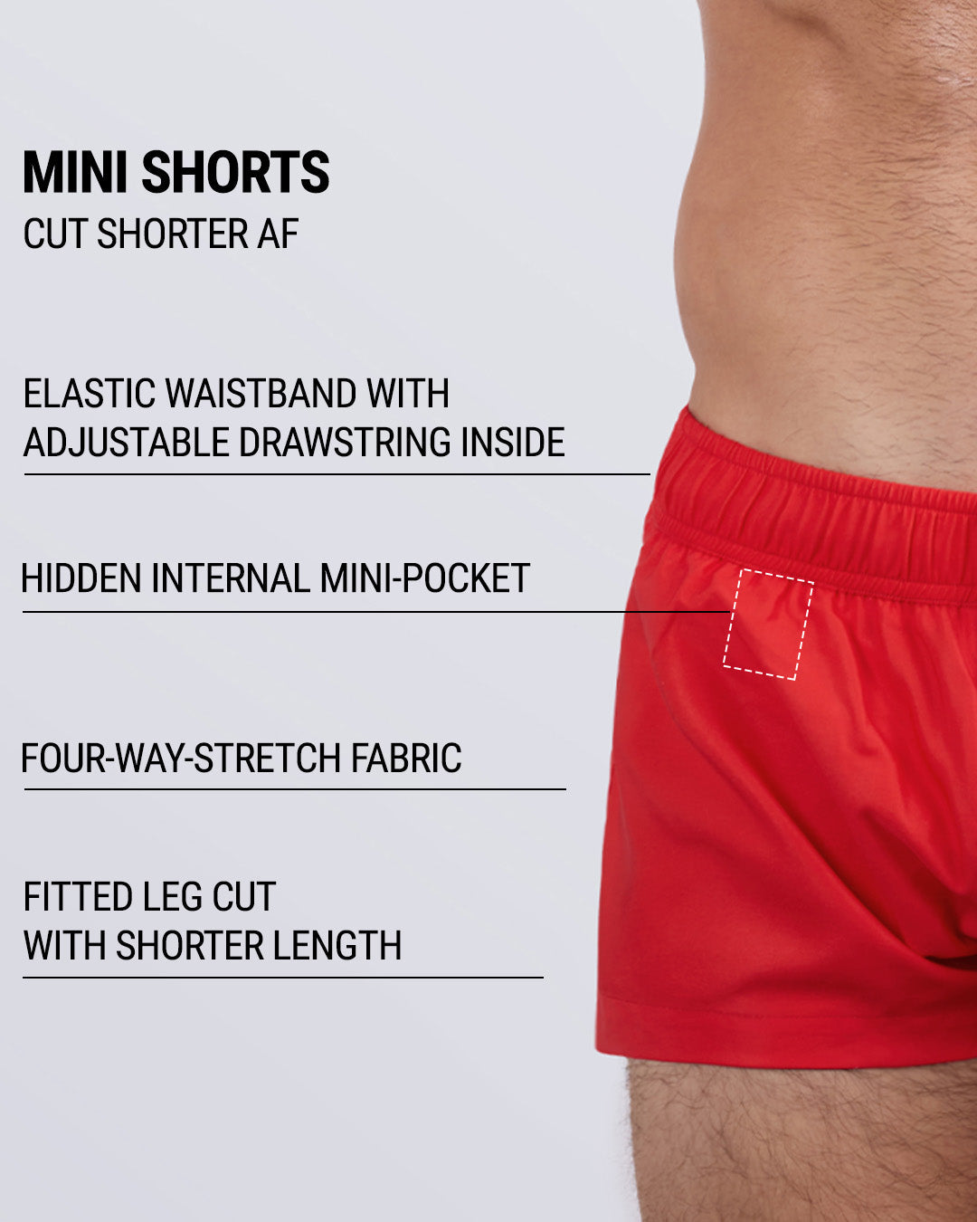 Detailed close-up of the PRIME RED Mini Shorts by DC2 Miami, highlighting key features: ultra-short fitted design, elastic waistband with an internal adjustable drawstring, hidden internal mini-pocket, four-way stretch fabric, and a sleek, contoured leg cut.