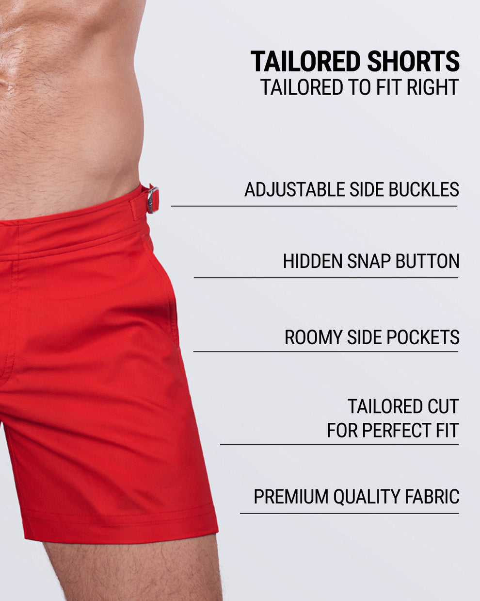 Close-up emphasizing key features: adjustable side buckles, hidden snap button, roomy side pockets, a tailored cut for the perfect fit, and high-quality fabric.