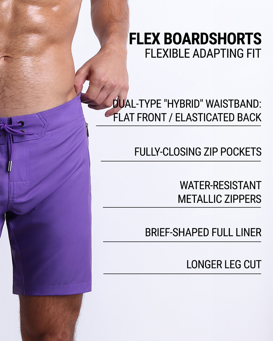 DC2’s Flex Boardshorts are designed to be incredibly flexible, adapting to fit. They come equipped with fully closing zip pockets and water-resistant metal zippers. Additionally, they have a dual-type “hybrid” waistband (flat front/elasticated back), brief-shaped full liner, and longer leg cut.