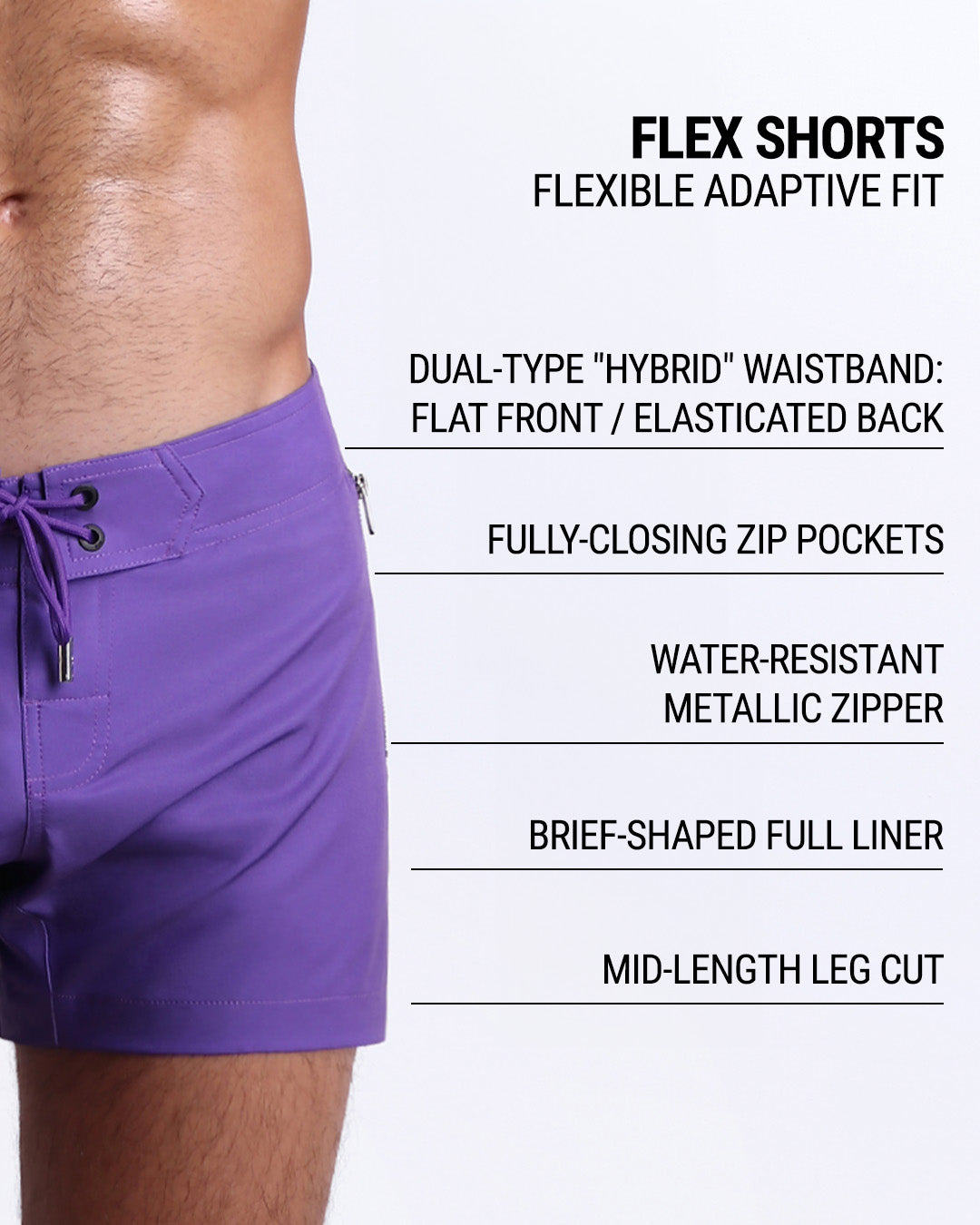 DC2’s Flex Shorts feature a dual-type “hybrid” waistband, fully-closing zip pockets, water-resistant metallic zipper, full liner, and mid-length leg cut for an adaptive, flexible fit.