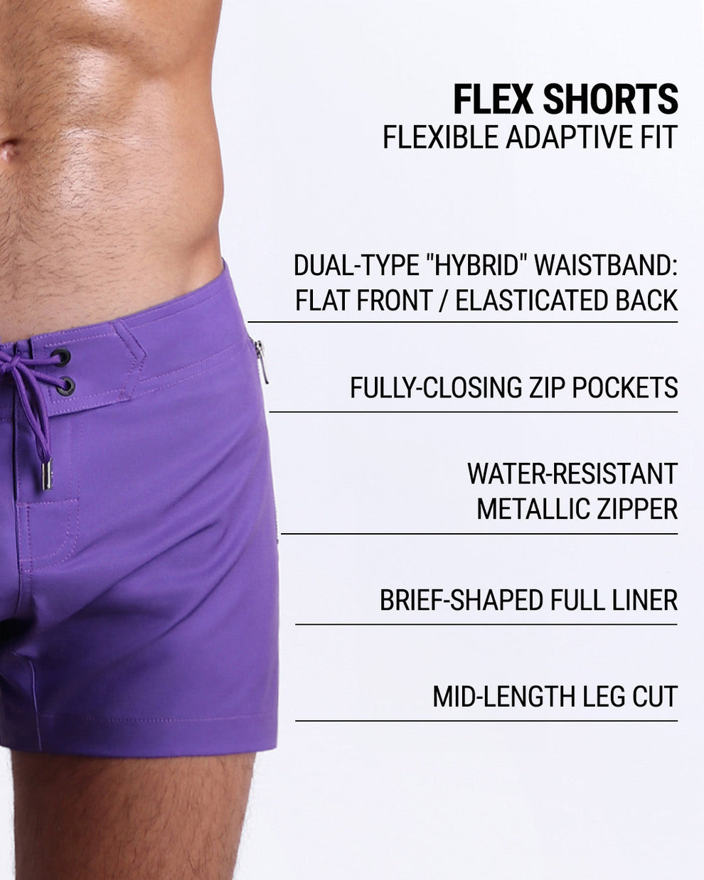DC2’s Flex Shorts feature a dual-type “hybrid” waistband, fully-closing zip pockets, water-resistant metallic zipper, full liner, and mid-length leg cut for an adaptive, flexible fit.