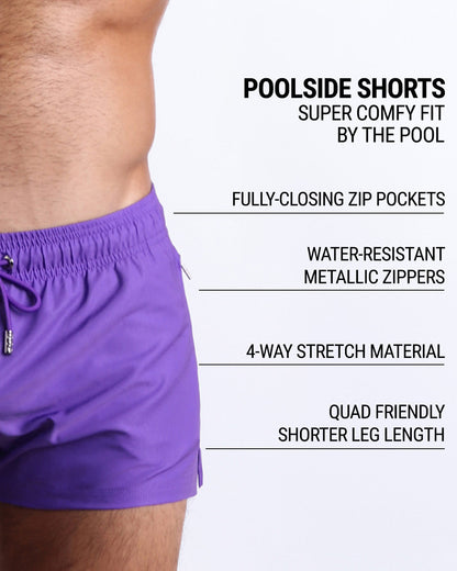 DC2's Poolside Shorts are designed to be incredibly comfortable while lounging by the pool. They come equipped with fully-closing zip pockets and water-resistant metal zippers. Additionally, their 4-way stretch material ensures a perfect fit, while their shorter leg length design makes them quad-friendly