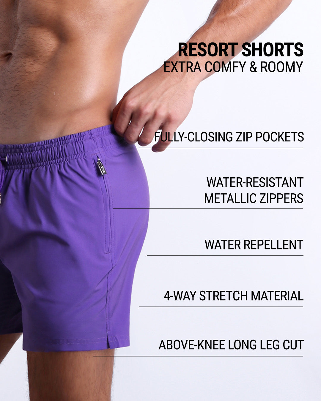 DC2’s Resort Shorts are designed to be comfortable and roomy, with fully-closing zip pockets and water-resistant metal zippers. They have 4-way stretch, water-repellent material, and are cut above the knee.