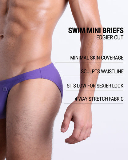 Infographic explaining the edgier cut of the Swim Mini Briefs. Features sculpt waitline, 4-way stretch fabric, sits low for sexier look, and has quick-dry material.