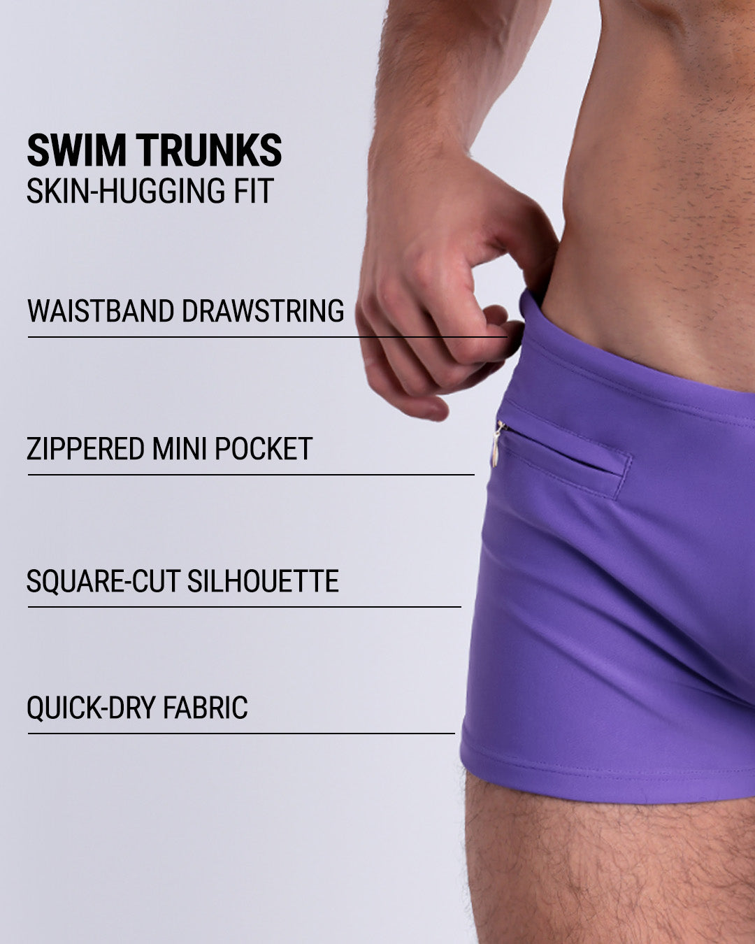 Infographic explaining the Swim Trunks swimming shorts by DC2. These Swim Trunks have a skin-hugging fit, have a waistband drawstring, zippered mini pocket, square-cut silhouette and quick-dry fabric.