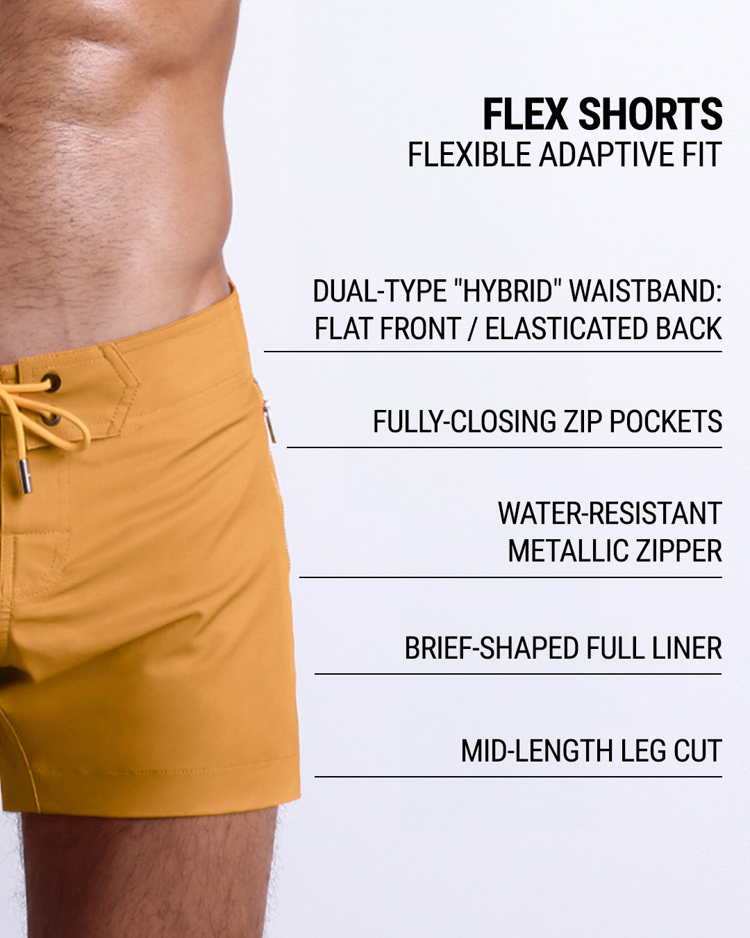 DC2’s Flex Shorts feature a dual-type “hybrid” waistband, fully-closing zip pockets, water-resistant metallic zipper, full liner, and mid-length leg cut for an adaptive, flexible fit.