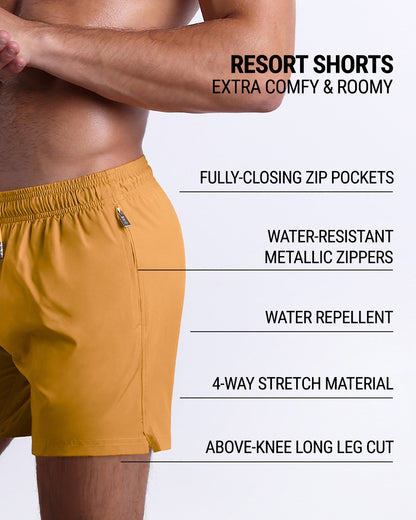 DC2’s Resort Shorts are designed to be comfortable and roomy, with fully-closing zip pockets and water-resistant metal zippers. They have 4-way stretch, water-repellent material, and are cut above the knee.