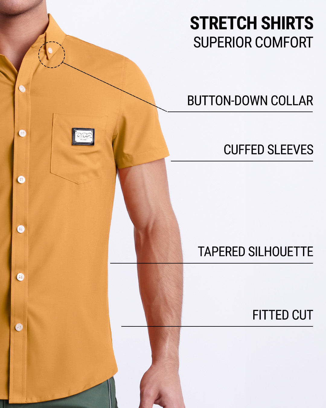 Infographic displaying the contemporary fit of DC2 men's sleeveless Hawaiian Stretch Shirt. This button up shirt features a button-down collar, cuffed sleeves, tapered silhouette, and a fitted cut. 