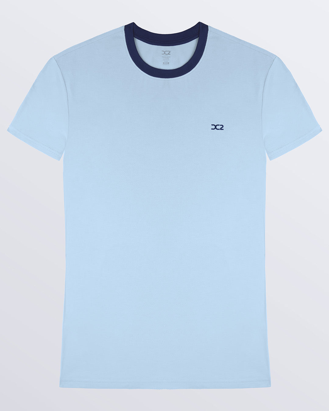 The men's premium solid light blue RING IT ON BLUE Pima cotton t-shirt with a contrasting navy collar and embroidered DC2 logo. Perfect for a modern casual look, this streetwear tee is part of the DC2 Miami men's beachwear collection, designed for comfort and style.