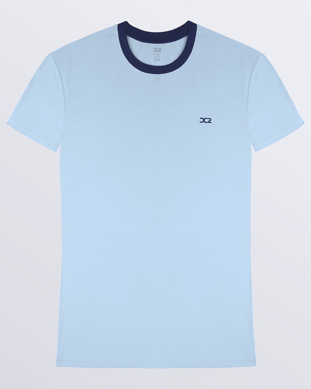The RING ON IT BLUE,  light blue Pima cotton t-shirt with a bold navy blue collar, crafted for stylish casual wear and beachwear by DC2 Miami. Premium quality men's streetwear t-shirt, perfect fit for summer fashion.