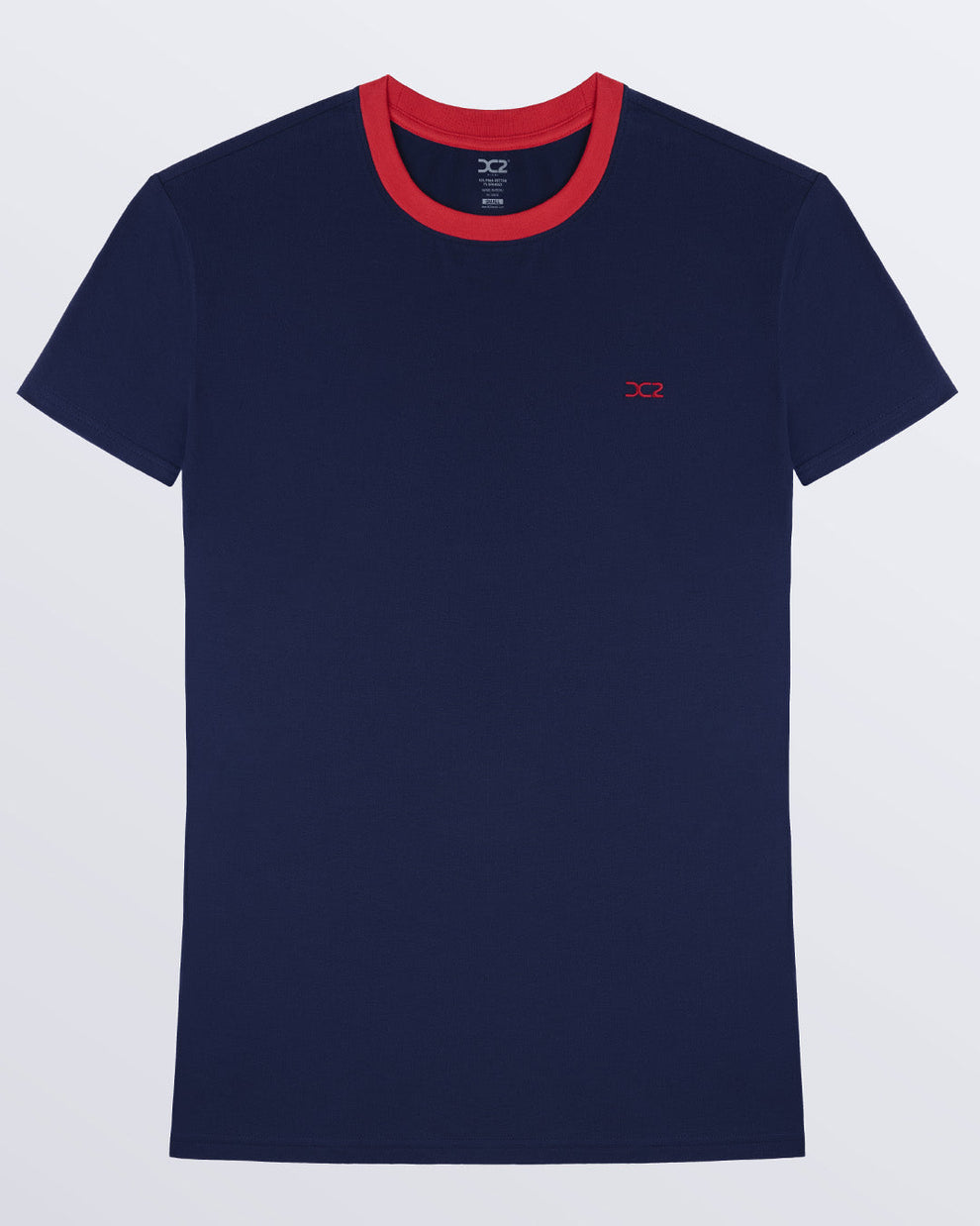 The men's premium solid navy blue color RING ON IT BLUE Pima cotton t-shirt with a contrasting red collar and embroidered DC2 logo. Perfect for a modern casual look, this streetwear tee is part of the DC2 Miami men's beachwear collection, designed for comfort and style.